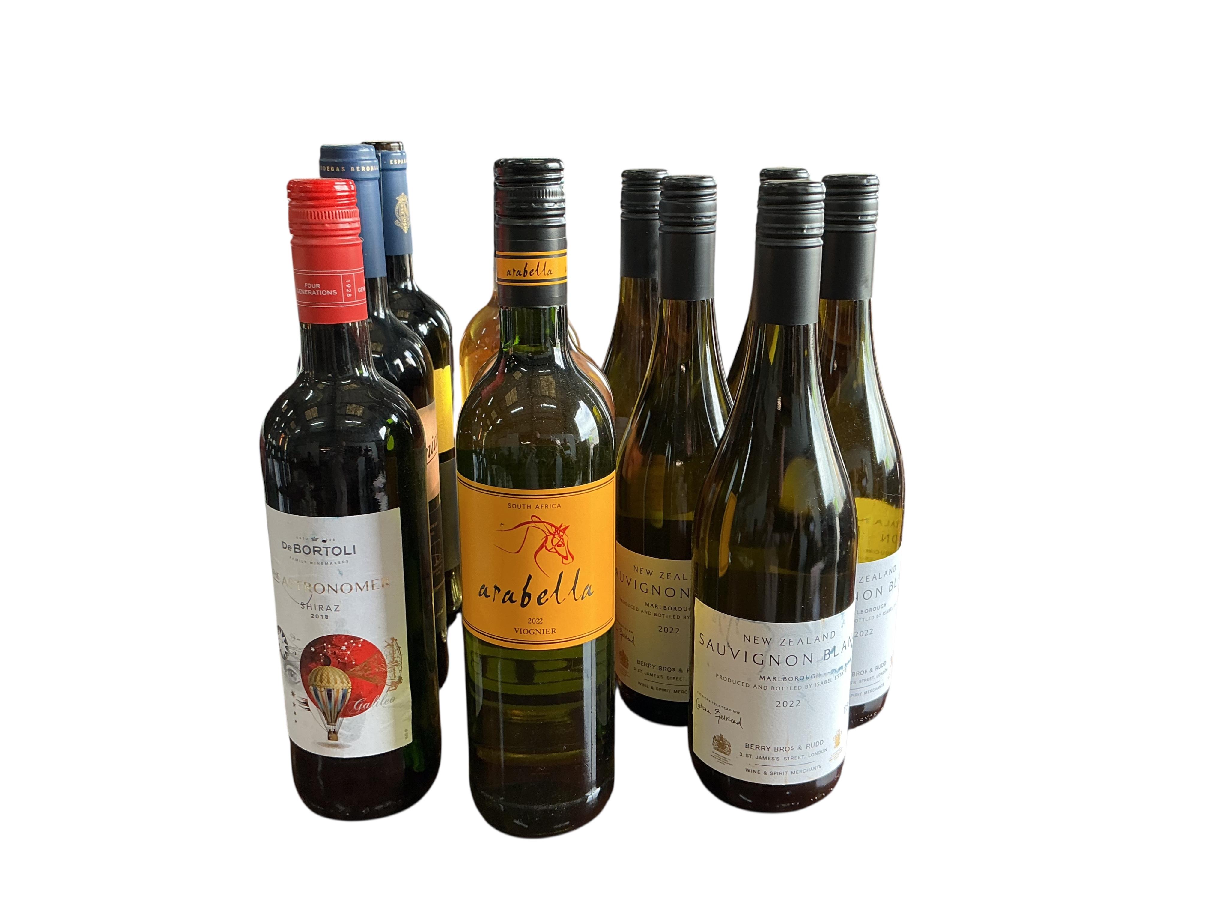 Eleven bottles of assorted white, red and rose wine to include Berry Bros & Rudd New Zealand Sauvignon Blanc (5), Arabella Viognier and Beronia 2018 Reserva Rioja. (Provenance, surplus stock from a local wedding company)